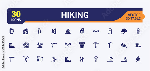 Climbing solid icon collections. Contains related to outdoors, hiking, climber, climbing, tourism, adventure, . Filled symbol collection. Editable vector icon and illustration.