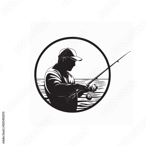 Man river fishing logo design silhouette monochrome logo fishing vector isolated on white background.