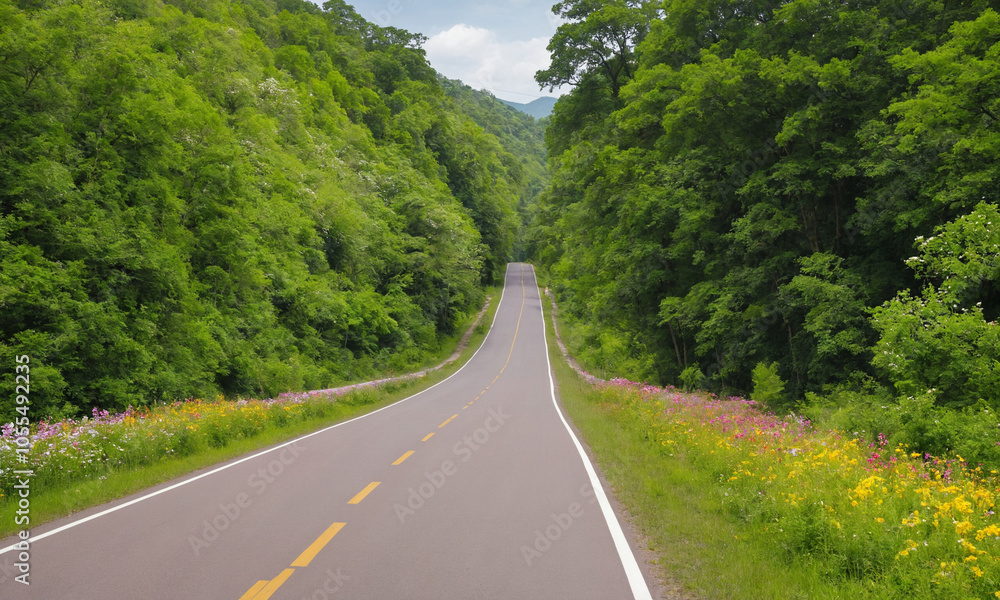 Fototapeta premium 시골길 도로옆에 꽃과 나무가 예쁘다 쾌적한도로