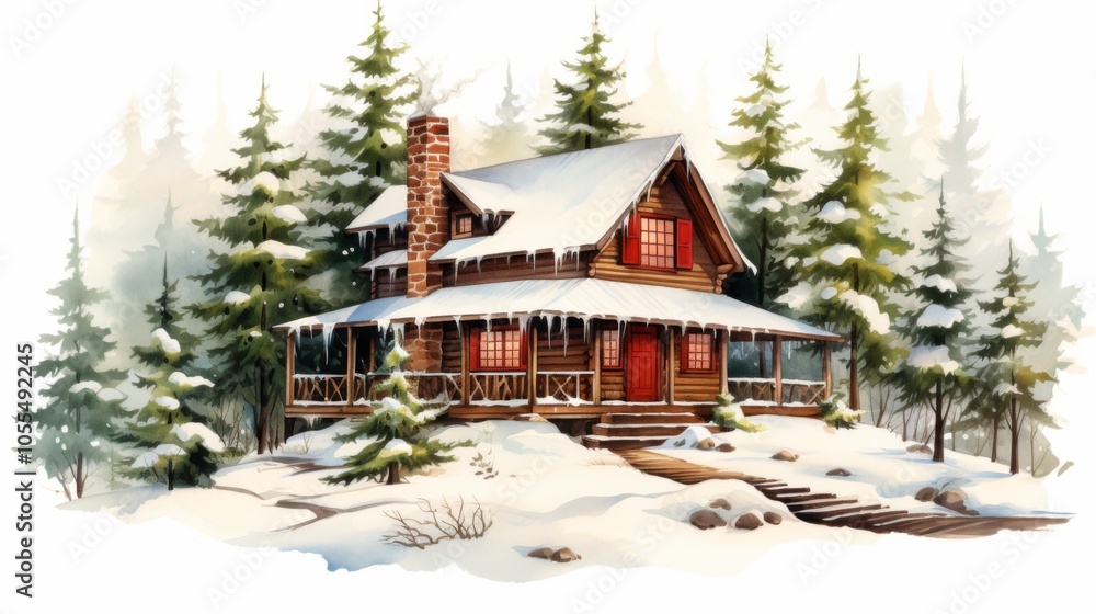 A charming log cabin nestled among snow-laden pine trees, creating a serene winter scene. Icicles hang from the roof, enhancing the tranquil atmosphere.