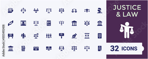 Justice flat solid icon set. Contains related to act, document, lawyer, set, scale, judge and more. Collection for mobile and web apps. Editable vector illustration.