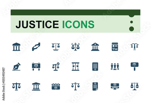 Set of Justice solid icons. Contains such icons as book, right, trial, case, document, judge and more. Minimalist flat filled icon.
