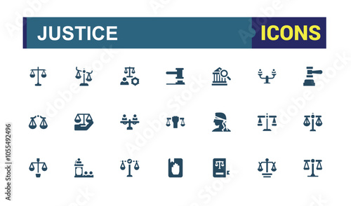 Set of Justice solid icons. Contains such icons as book, right, trial, case, document, judge and more. Minimalist flat filled icon.
