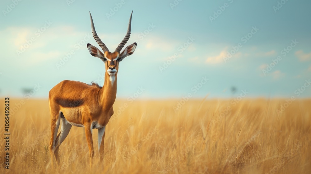 Impala Gazelle in African Grassland with Blue Sky Impala Gazelle in African Grassland with Blue Sky