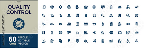 Set of Quality Control solid icons. Includes flat filled web, test, evaluation, magnifying glass, website. Flat UI icon design. Editable vector illustration.