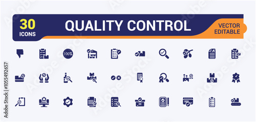 Quality Control solid web icon set. Related to linear, calibration, star, standardization, thin, rocket, app, approve. Isolated icons design. Editable vector illustration.