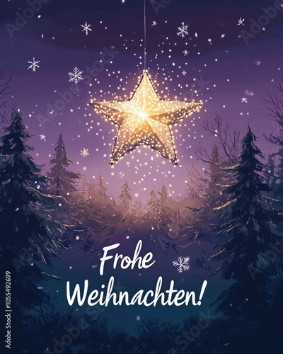 Glänzender Weihnachtsstern über verschneitem Wald mit Frohe Weihnachten Gruß