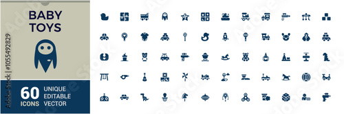 Children Toys solid web icon set. Contains related to wooden, ball, balloon, horse, web, collection, duck, set. Flat filled icons pack. Editable vector illustration.