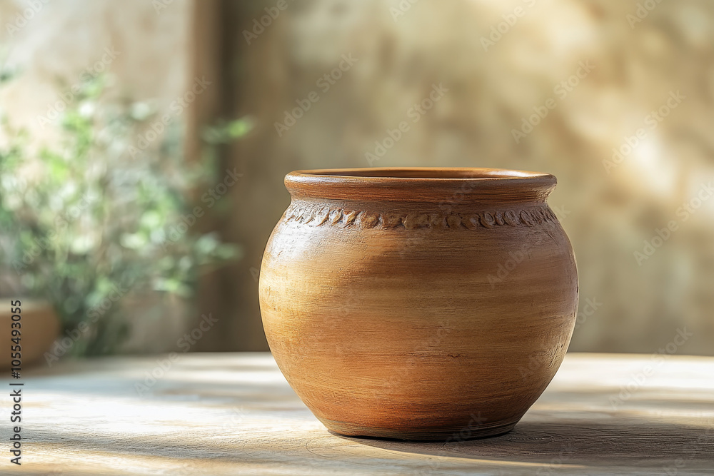 Rustic handmade clay pot with engraved rim, natural brown tones, and rough texture on a sunlit wooden table with soft, blurred background in warm, earthy setting Rustic handmade clay pot with engraved rim, natural brown tones, and rough texture on a sunlit wooden table with soft, blurred background in warm, earthy setting