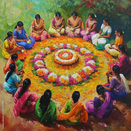 A group of women in traditional attire sitting around a vibrant flower arrangement during the Bathukamma festival