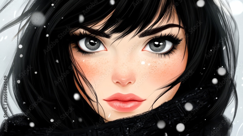 A tight shot of a woman's face, adorned with natural freckles and makeup featuring similar dots A tight shot of a woman's face, adorned with natural freckles and makeup featuring similar dots