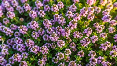 Thyme thymu serpyllum blooming in the wild during summer, natural background aerial view