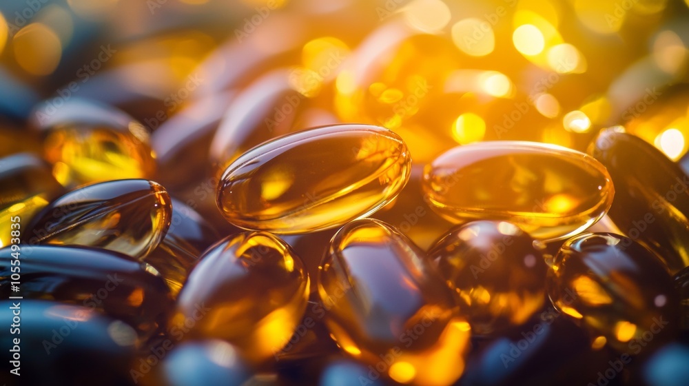Golden softgel capsules illuminated by warm sunlight, symbolizing health and wellness Golden softgel capsules illuminated by warm sunlight, symbolizing health and wellness