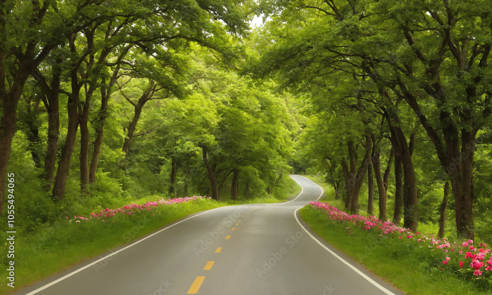 Fototapeta premium 시골길 도로옆에 꽃과 나무가 예쁘다 쾌적한도로