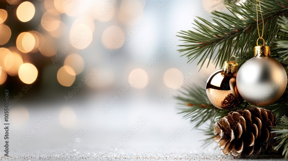 Two pine cones, each bearing a Christmas ornament suspended from their sides Two pine cones, each bearing a Christmas ornament suspended from their sides