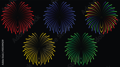 Fireworks at Night. Big set of various fireworks with brightly shining sparks. Colorful pyrotechnics show. Set of firecracker icons for Anniversary, New Year, Birthday, Party, Celebrate, Festival. Fla