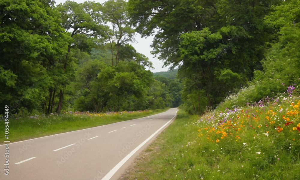 Fototapeta premium 시골길 도로옆 예쁘게 나무와 꽃이 만발해있다.