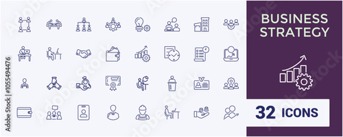 Set of Business and Consulting line icons. Containing office, team, presentation, sign, set, line and more. Minimalist thin linear icon. Editable stroke.