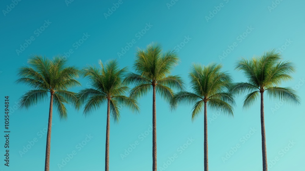 Five tall palm trees against a clear blue sky, showcasing a tropical and serene atmosphere. Five tall palm trees against a clear blue sky, showcasing a tropical and serene atmosphere.