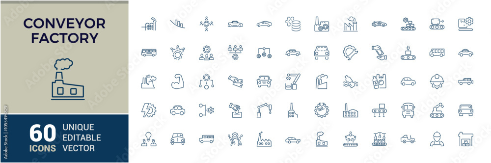 Set of Conveyor Factory line icons. Includes icons for business, technology, equipment, computer, manufacture, machine, machinery, engineering. Minimal linear icons. Editable stroke. Set of Conveyor Factory line icons. Includes icons for business, technology, equipment, computer, manufacture, machine, machinery, engineering. Minimal linear icons. Editable stroke.