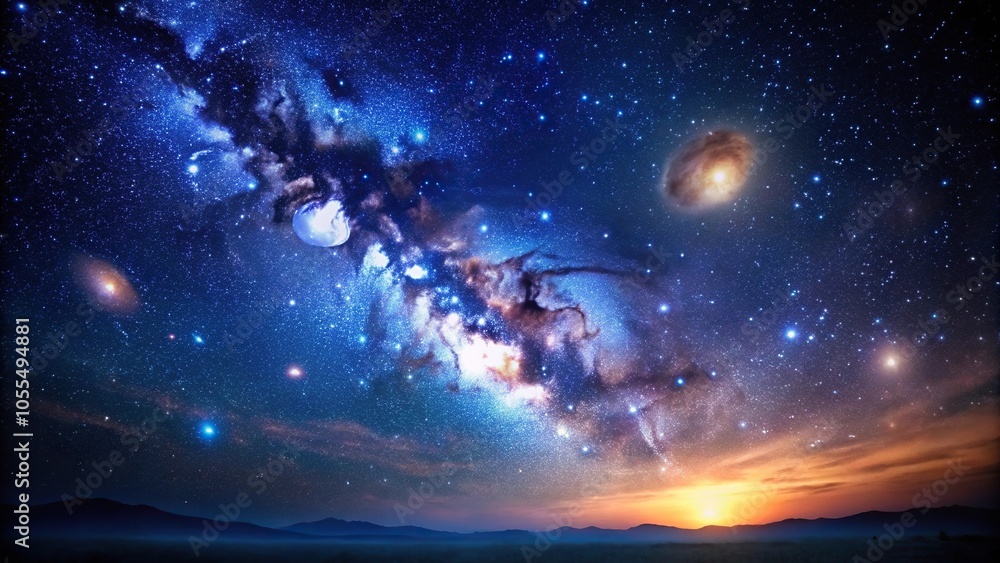 Fototapeta premium Dark blue night sky with stars and galaxies in the foreground, set against a distant galaxy cluster, dark blue, universe, cosmic dust, celestial bodies