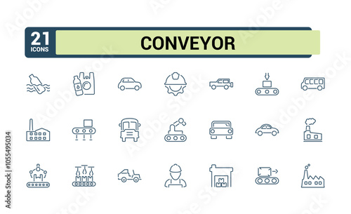 Set of Conveyor Factory line icons. Includes icons for business, technology, equipment, computer, manufacture, machine, machinery, engineering. Minimal linear icons. Editable stroke.