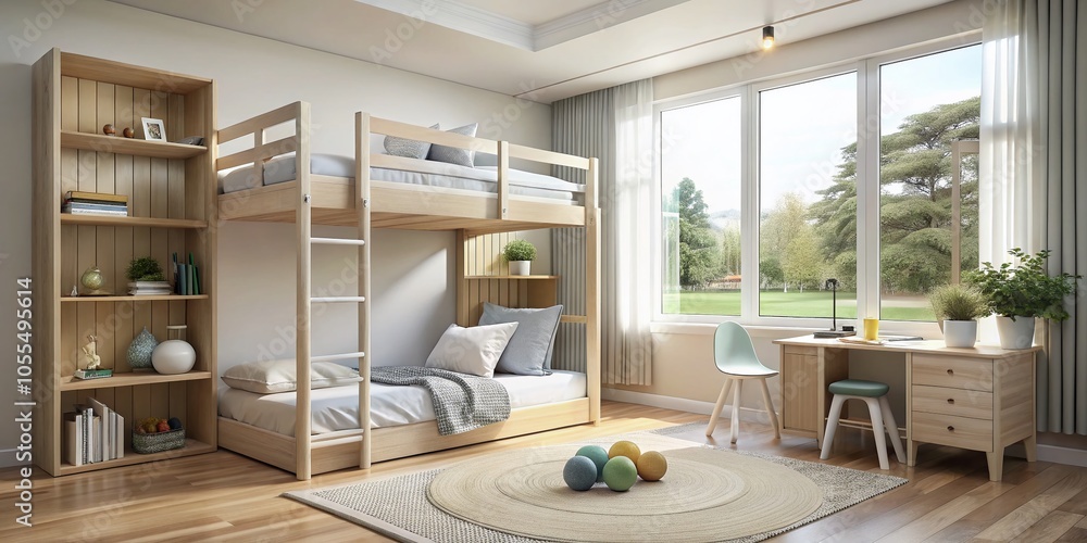 Modern Minimalist Bunk Beds in Kid's Bedroom with Toys for Stylish Home Design Modern Minimalist Bunk Beds in Kid's Bedroom with Toys for Stylish Home Design