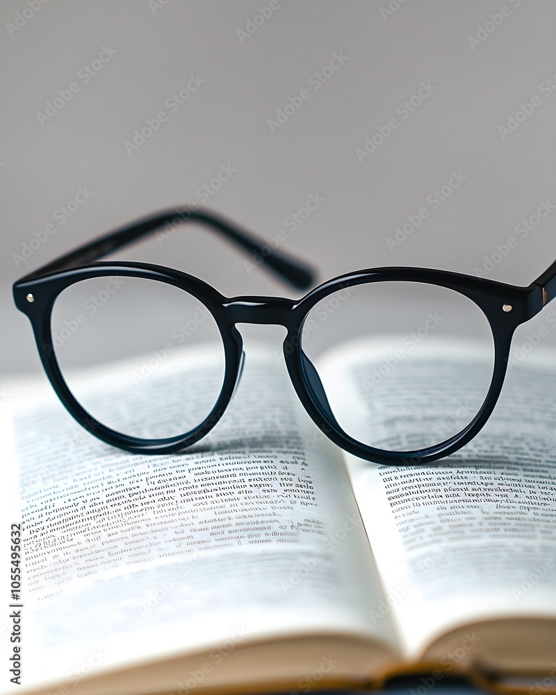 Stylish black glasses resting on an open book Stylish black glasses resting on an open book