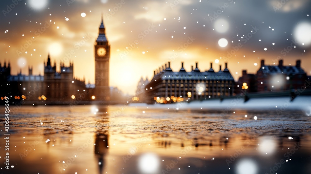 Obraz premium The Big Ben clock tower looms over London's snow-covered cityscape, sun distant