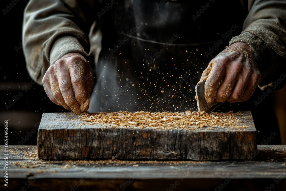 Close-up of a craftsman’s hands carving wood on a rustic workbench, detailed view of wood shavings and dust particles, traditional woodworking, handmade artisan craftsmanship, dark workshop Close-up of a craftsman’s hands carving wood on a rustic workbench, detailed view of wood shavings and dust particles, traditional woodworking, handmade artisan craftsmanship, dark workshop