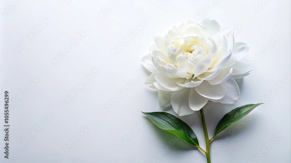White peony flower on isolated white background from high angle view White peony flower on isolated white background from high angle view