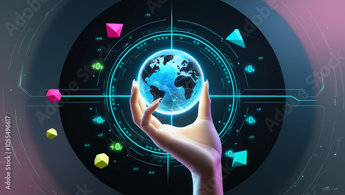 Metaverse Technology concepts. hand holding global network connection. Internet communication, Wireless connection technology. Futuristic technology with polygonal shapes. photo