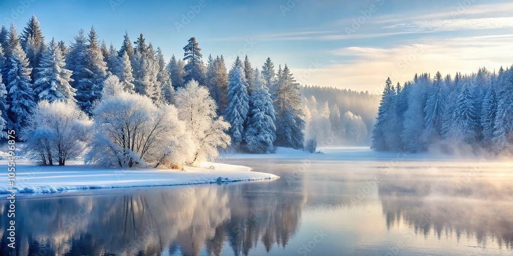 Winter landscape scene with a frozen lake, snow-covered trees, and a misty forest in the background, frozen water, winter lake, frozen shoreline, icy environment Winter landscape scene with a frozen lake, snow-covered trees, and a misty forest in the background, frozen water, winter lake, frozen shoreline, icy environment