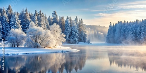 Winter landscape scene with a frozen lake, snow-covered trees, and a misty forest in the background, frozen water, winter lake, frozen shoreline, icy environment