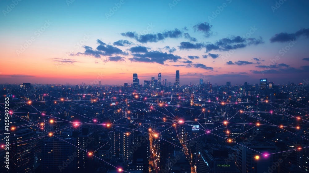 Fototapeta premium A city skyline at dusk, with glowing digital lines representing data and cybersecurity flowing across the sky