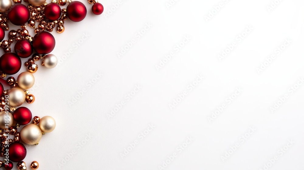 A white table, adorned with numerous red and gold Christmas ornaments dangling from its sides A white table, adorned with numerous red and gold Christmas ornaments dangling from its sides