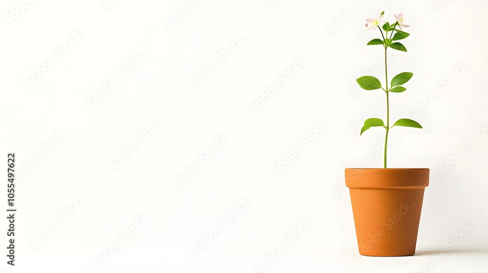 Simple potted plant with delicate flowers on a light background Simple potted plant with delicate flowers on a light background