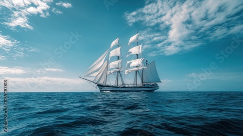 A classic sailing ship with white sails, full of life and energy, set against the vast expanse of open ocean under clear blue skies