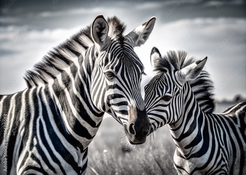 Fototapeta premium Mother Zebra Nuzzling Foal in Nature - Bonding Moment in the Wild