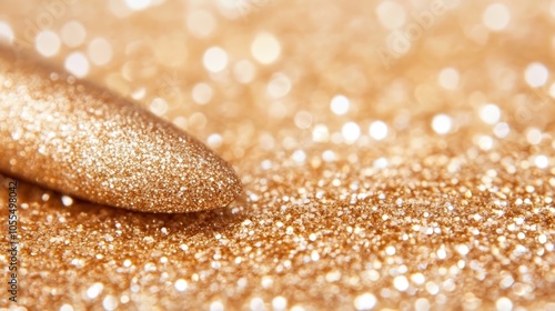  A tight shot of golden nail polish atop a gold-glittered surface, its tip adorned with a speck of glitter photo