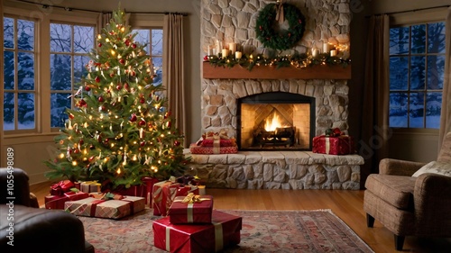 A cozy living room scene with a decorated Christmas tree, stockings hanging by the fireplace, and wrapped presents under the tree, creating a warm holiday atmosphere 