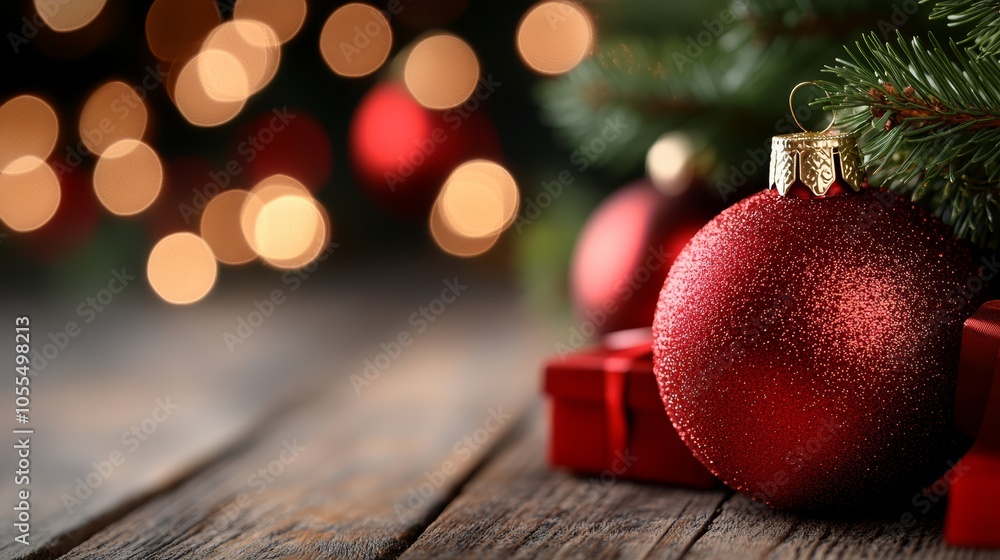 A red ornament atop a wooden table, beside a Christmas tree adorned with lights A red ornament atop a wooden table, beside a Christmas tree adorned with lights
