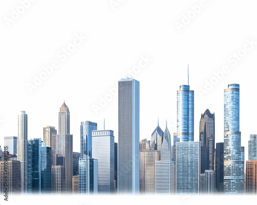 City skyline with towering skyscrapers, urban architecture, isolated on white background   