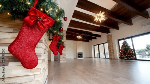 A Christmas stocking on a wall in a spacious room with a fireplace and a Christmas tree in the corner