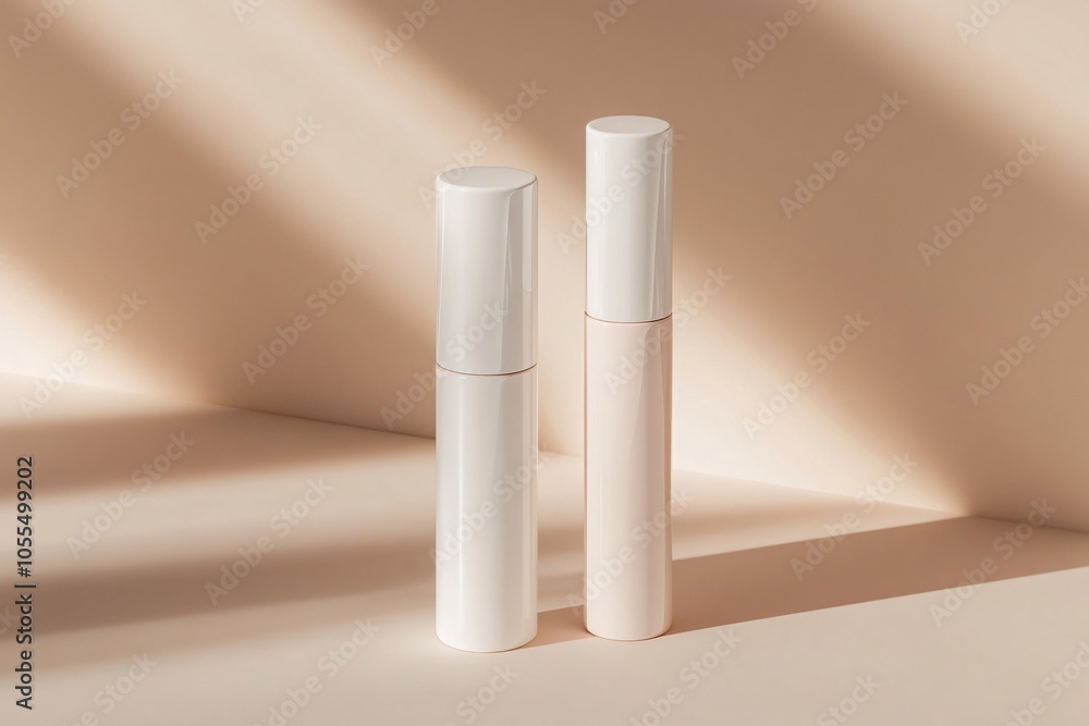 Two elegant skincare tubes on a soft beige background, showcasing minimalistic design and contrasting colors in daylight Two elegant skincare tubes on a soft beige background, showcasing minimalistic design and contrasting colors in daylight
