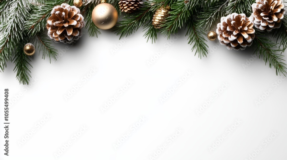 Christmas tree branch with pine cones and ornaments against a pristine white backdrop Ideal for adding text or an image Christmas tree branch with pine cones and ornaments against a pristine white backdrop Ideal for adding text or an image