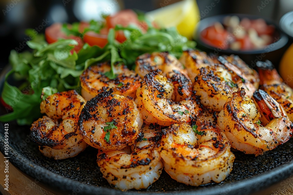 Close-up of Grilled Shrimp with Black Pepper and Herbs Close-up of Grilled Shrimp with Black Pepper and Herbs