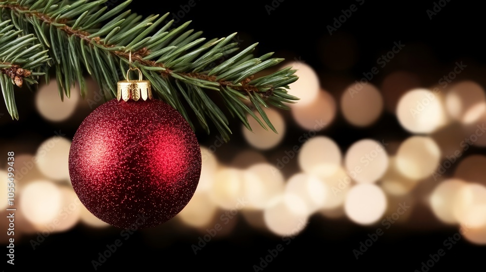 A tight shot of a Christmas ornament dangling from a tree branch against a backdrop of twinkling holiday lights A tight shot of a Christmas ornament dangling from a tree branch against a backdrop of twinkling holiday lights