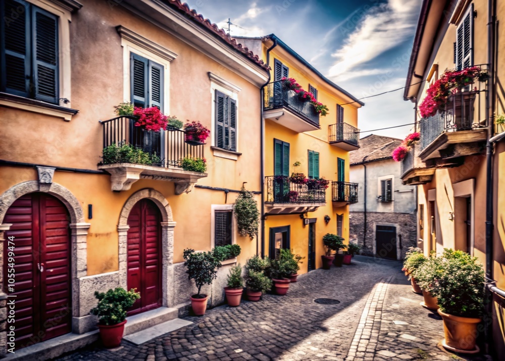 Obraz premium Narrow Italian Street with Yellow Three-Storey Houses in High Dynamic Range
