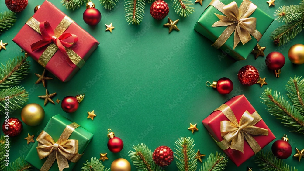 Christmas Eve concept. Top view photo of gift boxes with ribbon bows green red baubles gold star ornaments and pine branches on isolated green background with copyspace in the middle Christmas Eve concept. Top view photo of gift boxes with ribbon bows green red baubles gold star ornaments and pine branches on isolated green background with copyspace in the middle